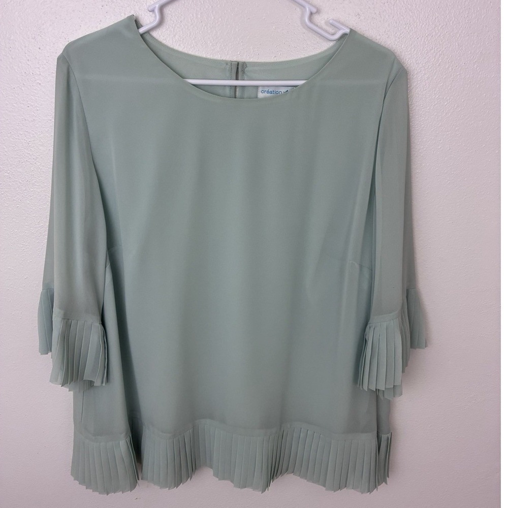 Création L Sheer Sage Green Pleated Hem Ruffle Cuff Tunic Blouse Size Large